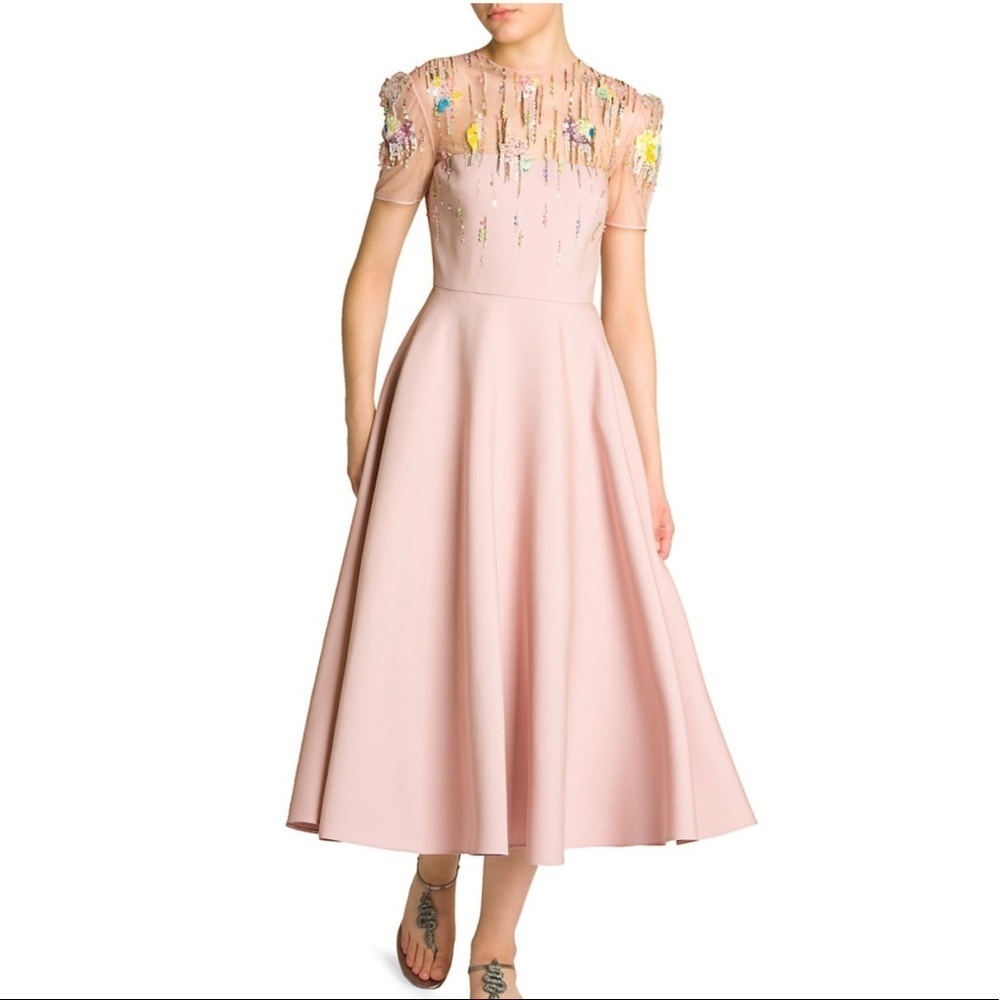 New Valentino Embellished Tulle Midi Pastel Pink Dress Beaded embroidered Formal